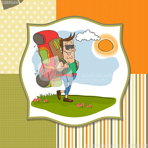 Image of tourist man traveling with backpack