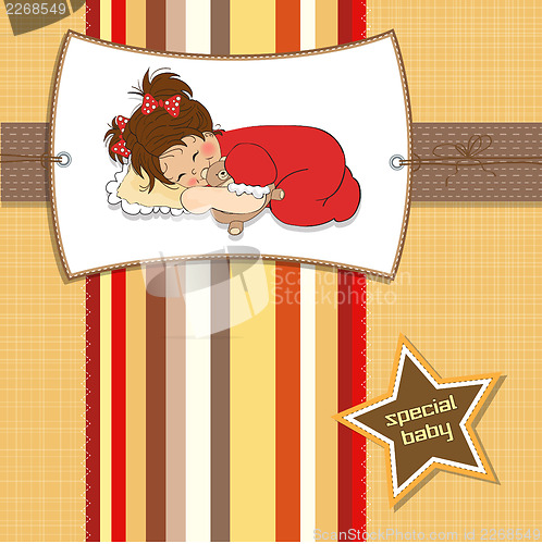 Image of baby shower card with little baby girl play with her teddy bear 