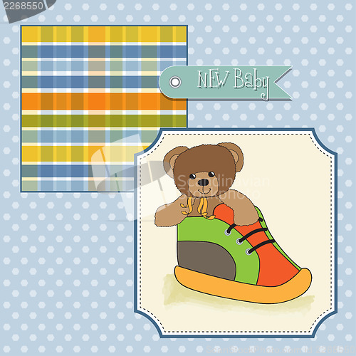 Image of baby shower card with teddy bear hidden in a shoe