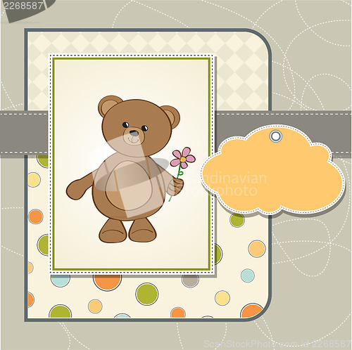 Image of happy birthday card with teddy bear and flower