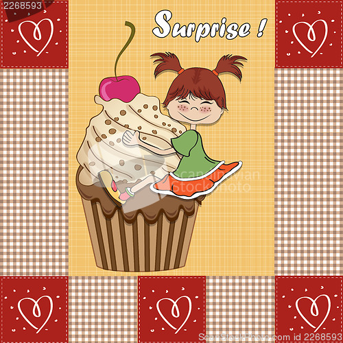 Image of birthday card with funny girl perched on cupcake