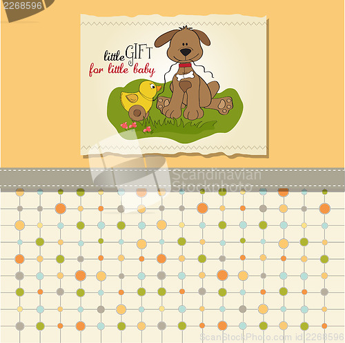 Image of baby shower card with dog and duck toy