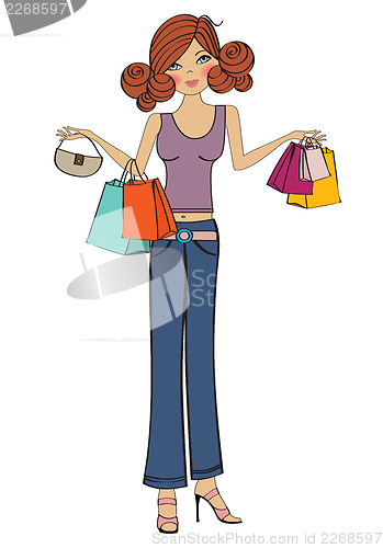 Image of young girls at shopping, vector illustration isolated on white b
