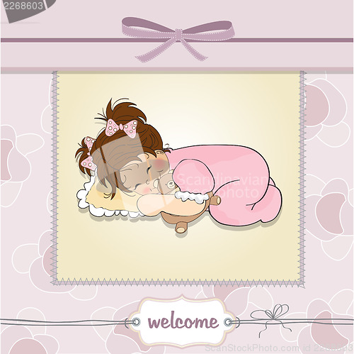 Image of baby shower card with little baby girl play with her teddy bear 