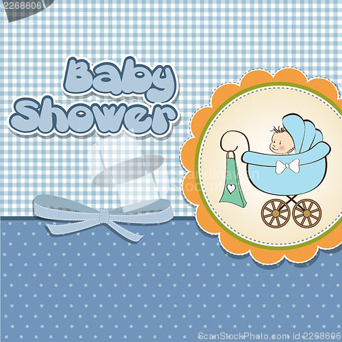 Image of baby boy announcement card with baby and pram