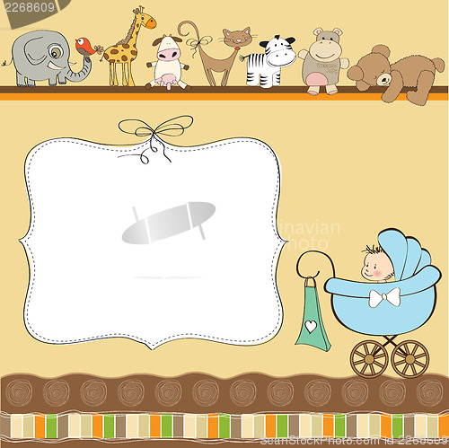 Image of new baby boy announcement card with pram