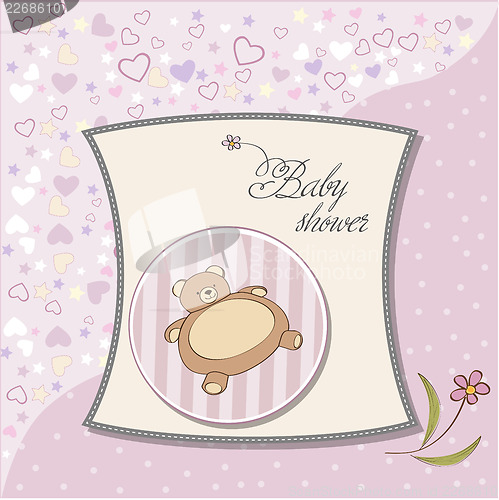 Image of romantic baby girl announcement card with teddy bear