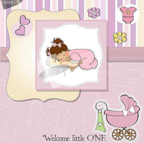 Image of baby shower card with little baby girl play with her teddy bear 