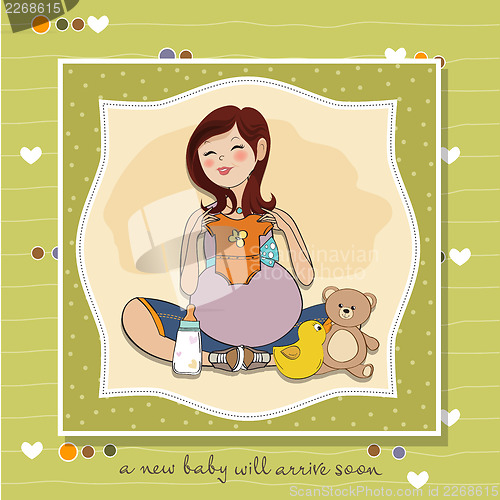 Image of happy pregnant woman, baby shower card