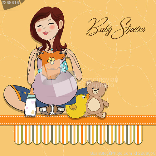 Image of happy pregnant woman, baby shower card