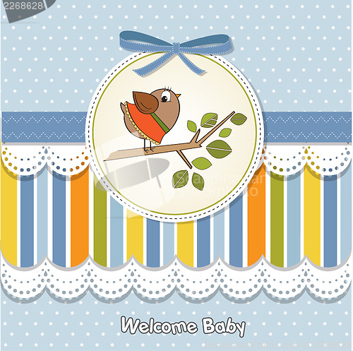 Image of welcome baby card with funny little bird