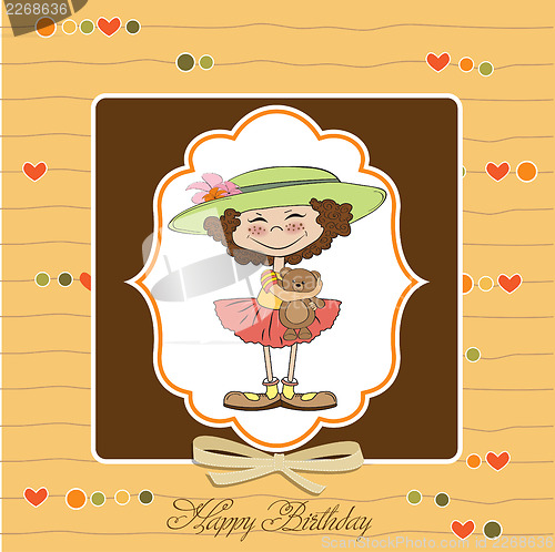 Image of cute birthday greeting card with girl and her teddy bear