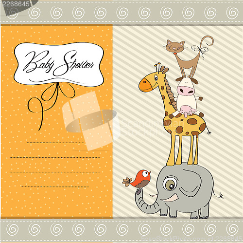 Image of baby shower card with funny pyramid of animals