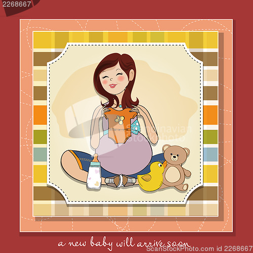 Image of happy pregnant woman, baby shower card