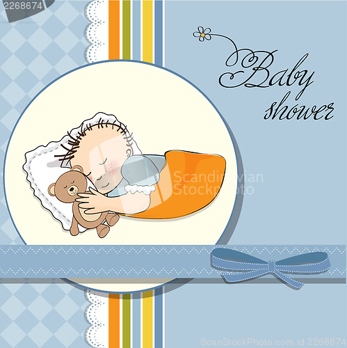 Image of baby shower card with little baby boy sleep with his teddy bear 