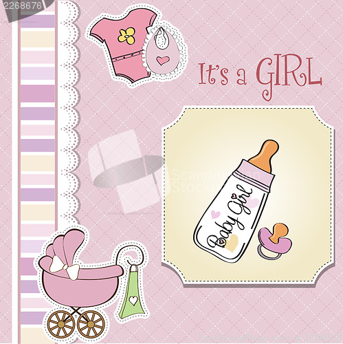 Image of new baby girl announcement card with milk bottle and pacifier