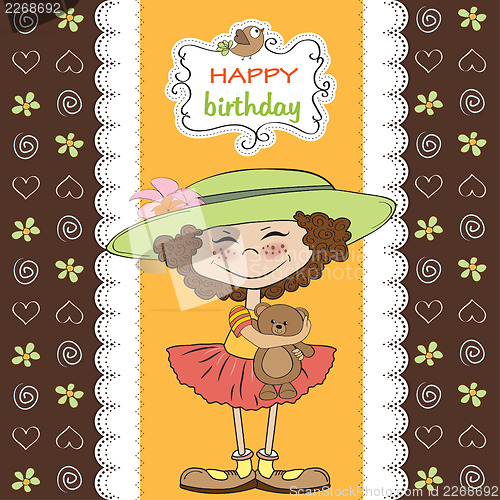 Image of cute birthday greeting card with girl and her teddy bear