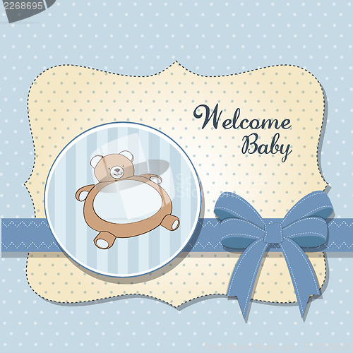 Image of baby shower card with teddy bear toy