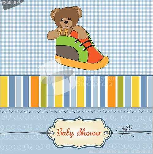 Image of baby shower card with teddy bear hidden in a shoe