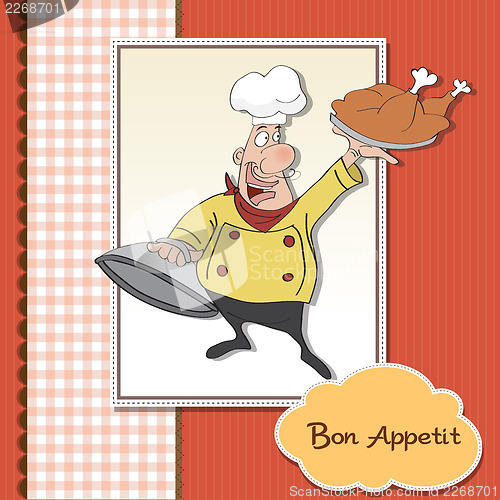 Image of funny cartoon chef with tray of food in hand
