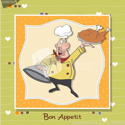 Image of funny cartoon chef with tray of food in hand