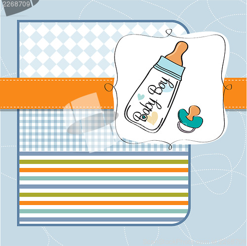 Image of baby announcement card with milk bottle and pacifier