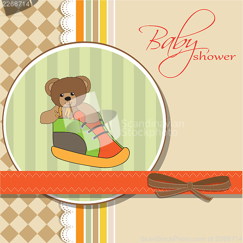 Image of shower card with teddy bear hidden in a shoe