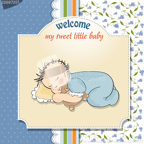 Image of baby shower card with little baby boy sleep with his teddy bear 
