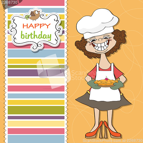 Image of birthday greeting card with funny woman and pie