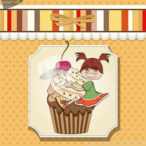 Image of birthday card with funny girl perched on cupcake