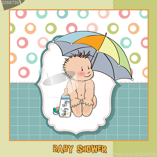 Image of baby boy shower card with funny baby under his umbrella