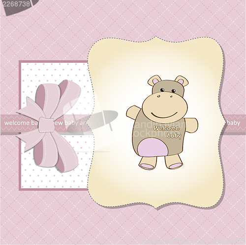 Image of childish baby girl announcement card with hippo toy
