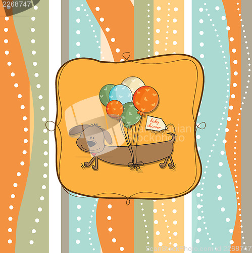 Image of greeting card with long dog and balloons