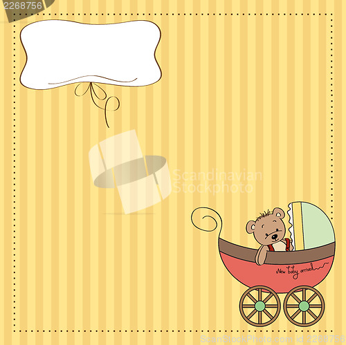 Image of funny teddy bear in stroller