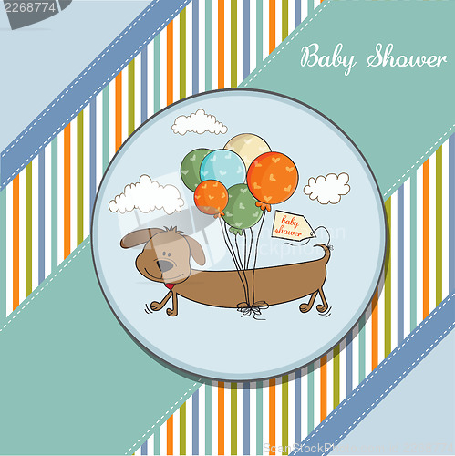 Image of baby shower card with long dog and balloons