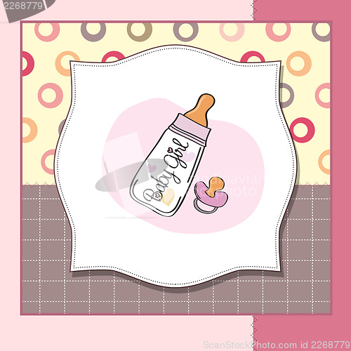 Image of new baby girl announcement card with milk bottle and pacifier