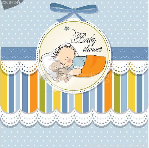 Image of baby shower card with little baby boy sleep with his teddy bear 