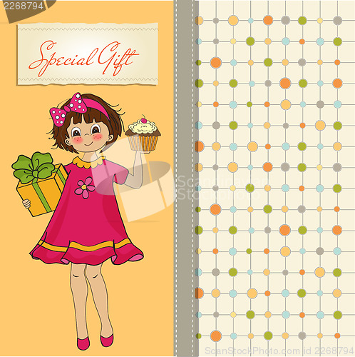 Image of birthday greeting card with girl and big cupcake