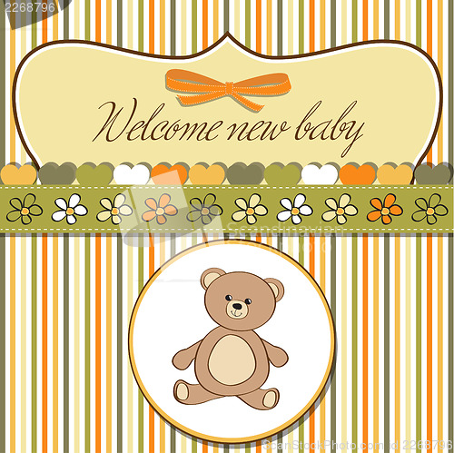 Image of baby shower card with teddy bear toy