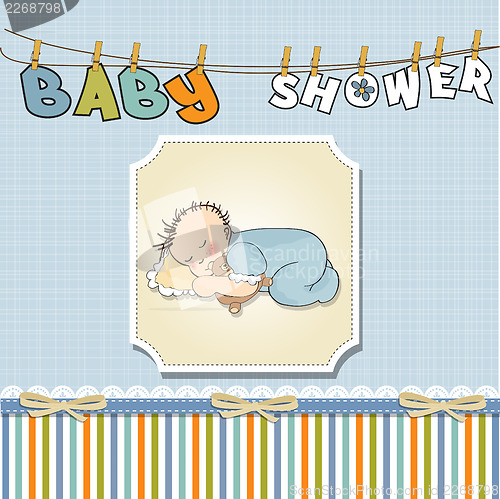 Image of baby shower card with little baby boy sleep with his teddy bear 