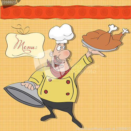 Image of funny cartoon chef with tray of food in hand