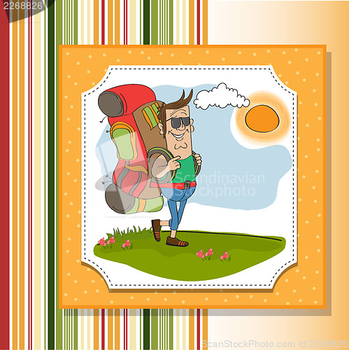 Image of tourist man traveling with backpack