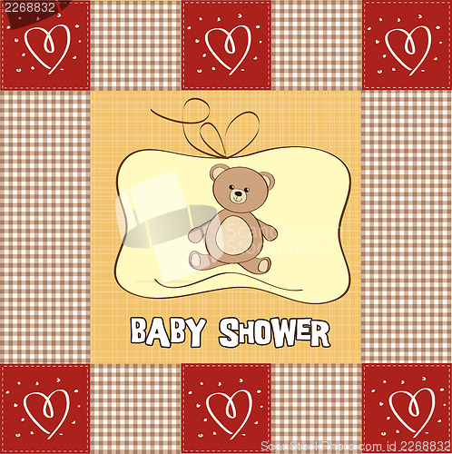 Image of baby shower card with teddy bear toy