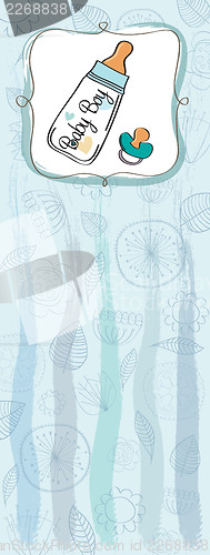 Image of baby announcement card with milk bottle and pacifier