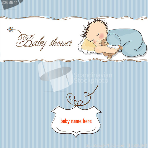 Image of baby shower card with little baby boy sleep with his teddy bear 