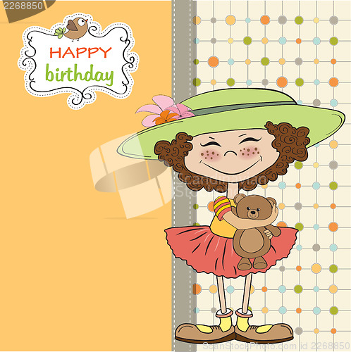 Image of cute birthday greeting card with girl and her teddy bear