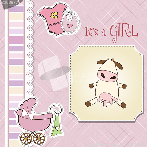 Image of new baby girl announcement card with cow