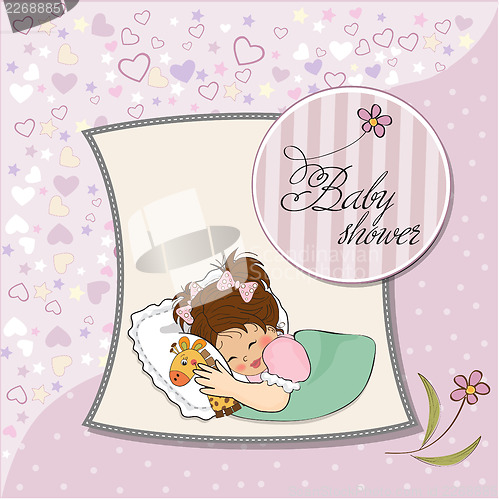 Image of baby shower card with little girl and her toy