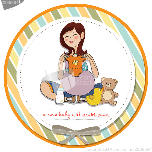 Image of happy pregnant woman, baby shower card