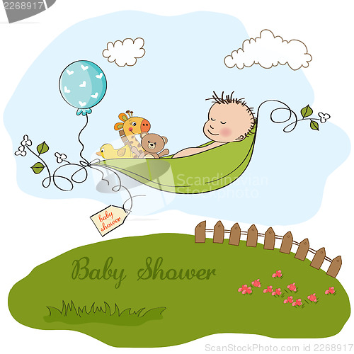 Image of little boy sleeping in a pea been, baby announcement card